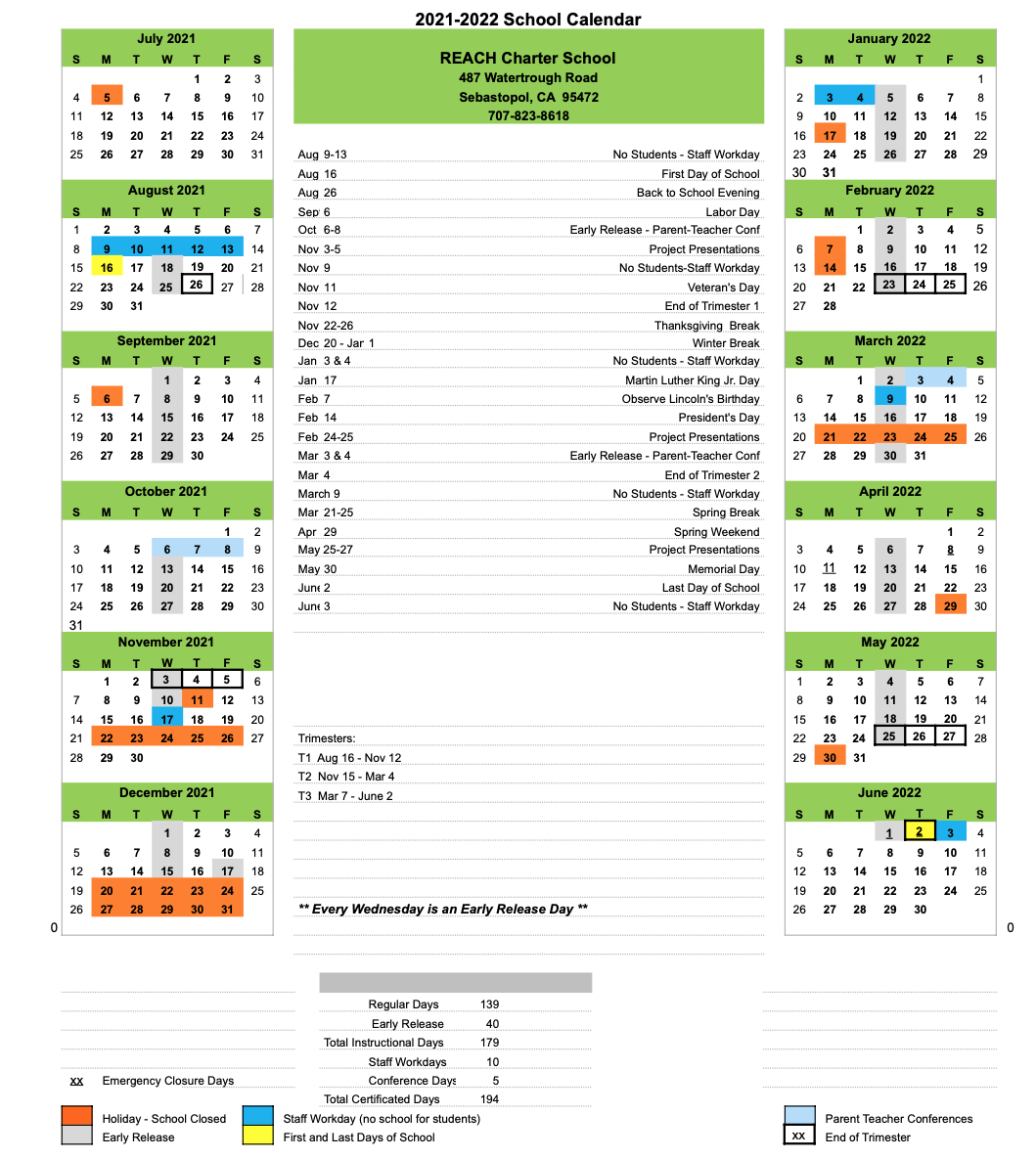 Academic Calendar 202122 REACH Charter School
